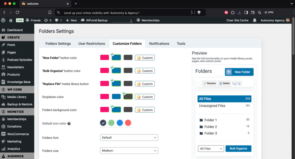 Admin dashboard organization using folders for Membership Platform Autonomy & Agency WordPress powered Media Platform For Creators